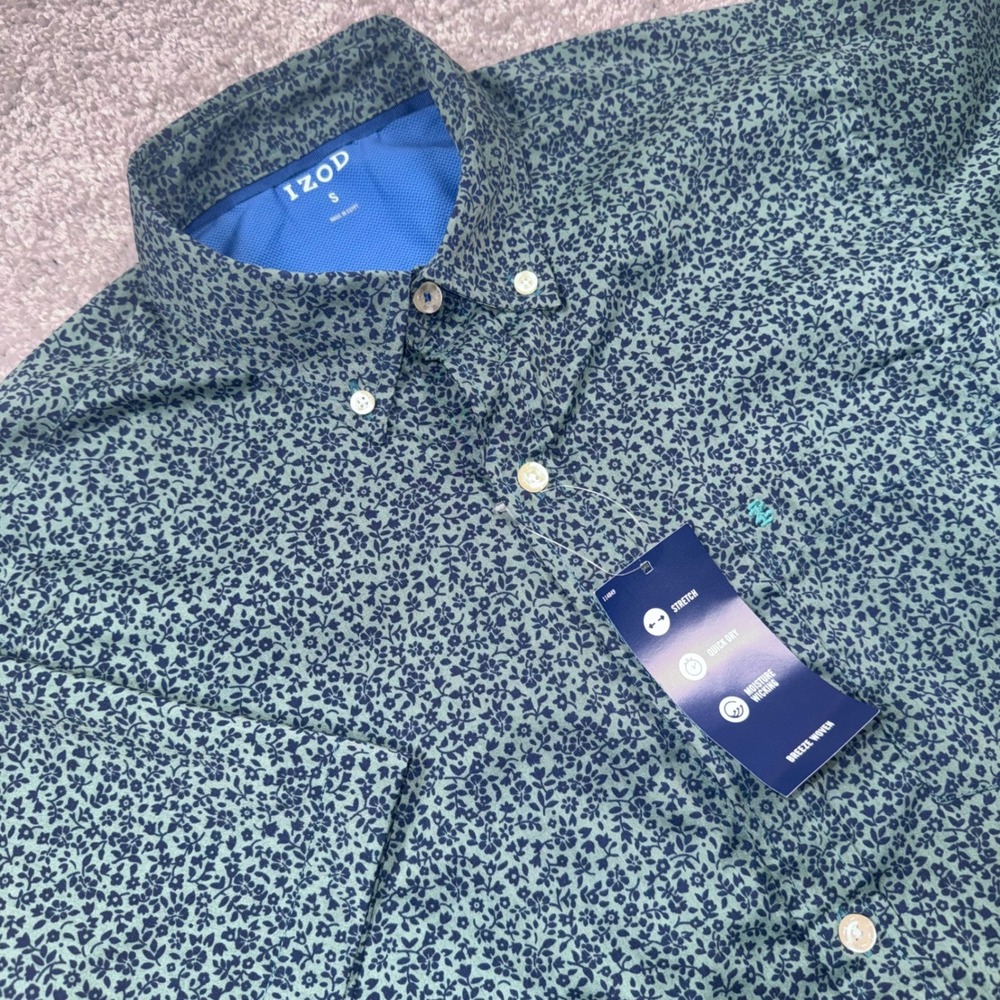 IZOD Breeze Woven Shirt Mens Floral Stretch Quick Dry Wicking Teal Small NEW